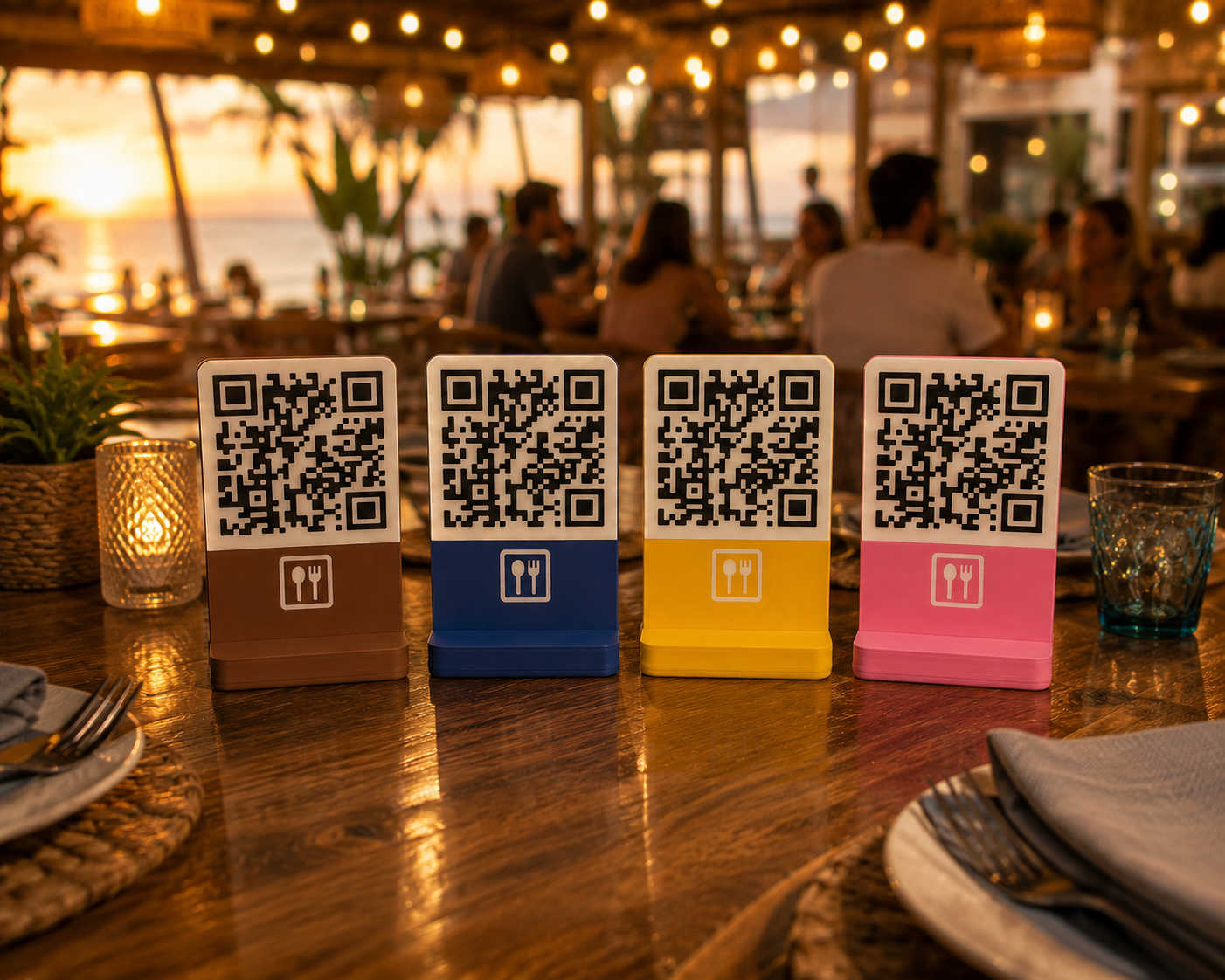 Soportes QR en marrón, azul, amarillo y rosa