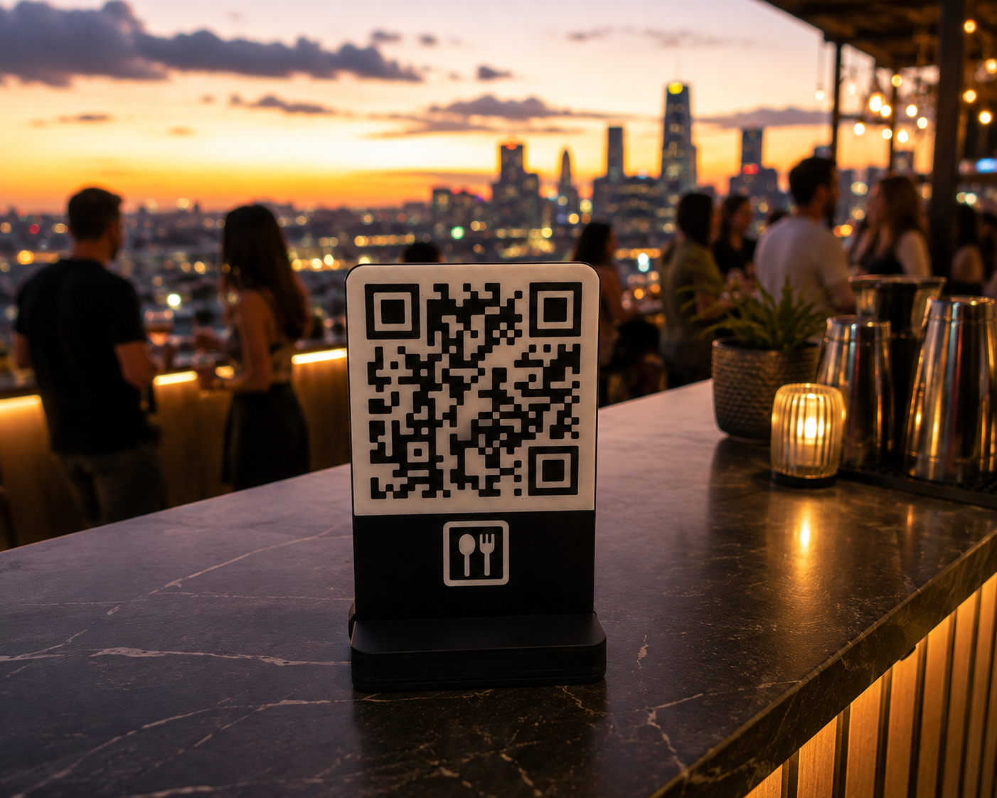 Soporte QR negro en una terraza urbana