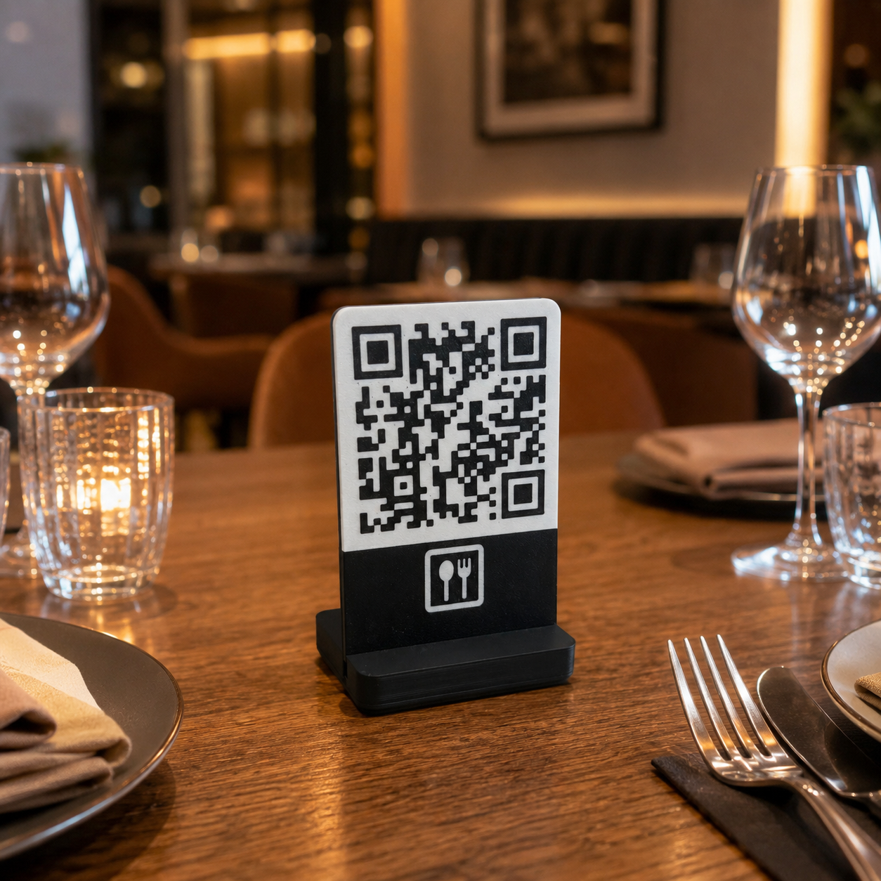 Soporte QR negro sobre una mesa de restaurante