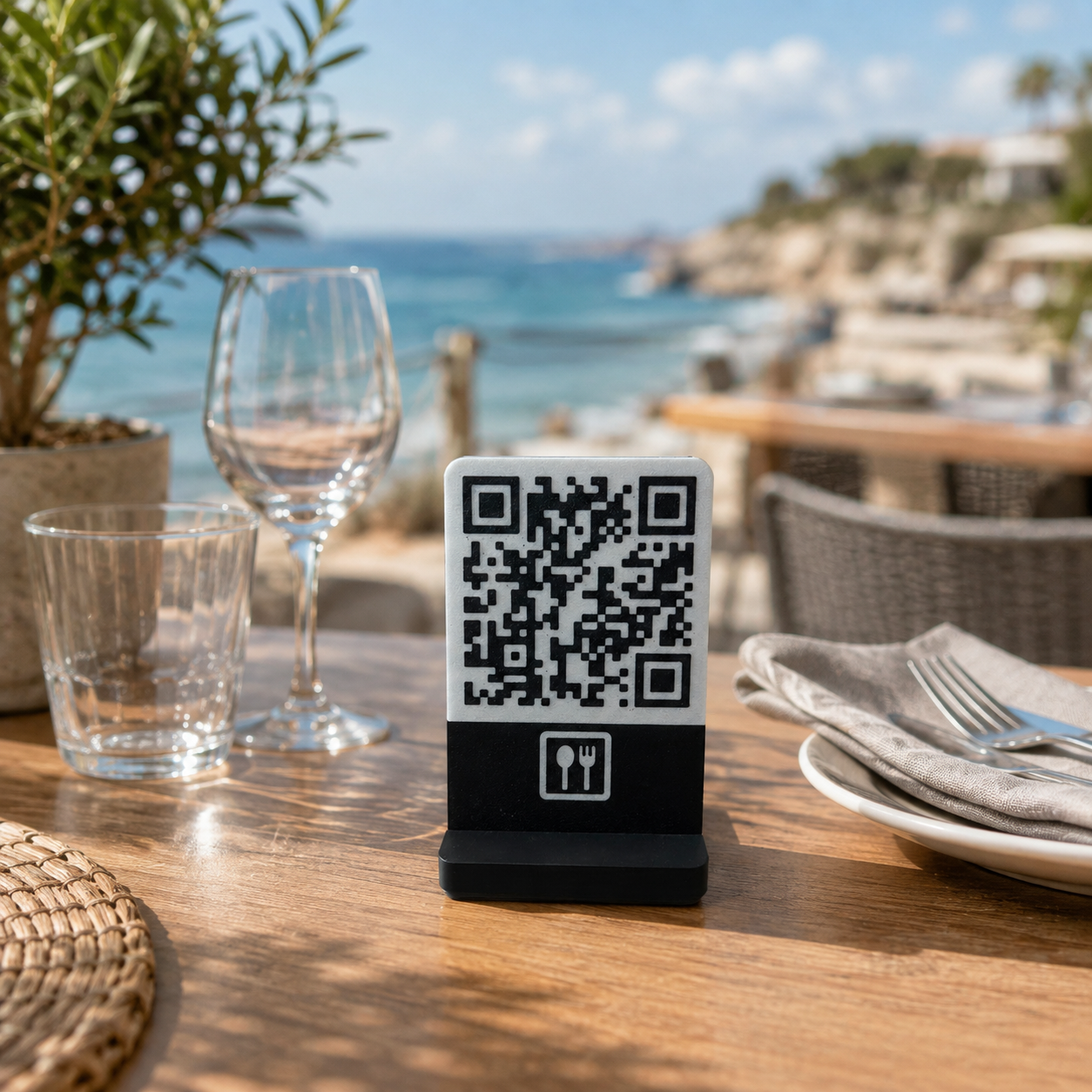 Soporte QR negro en una mesa junto al mar