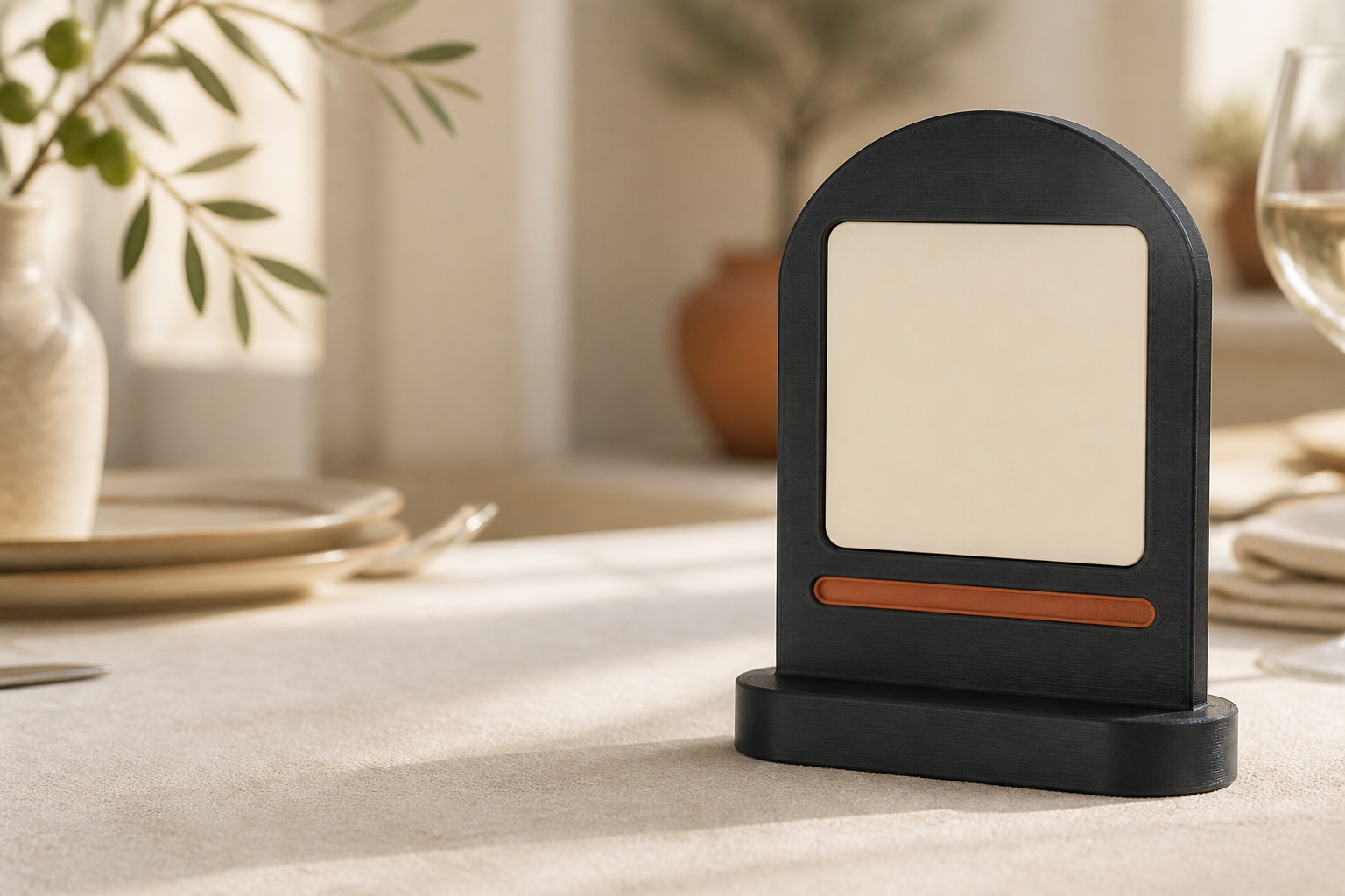 Soporte QR personalizado sobre una mesa de restaurante